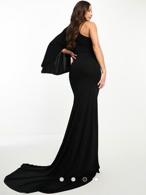 premium one shoulder draped maxi dress with train detail in black